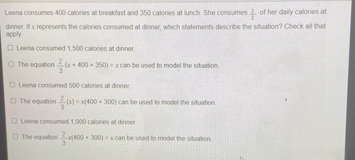 Leena consumes 400 calories at breakfast